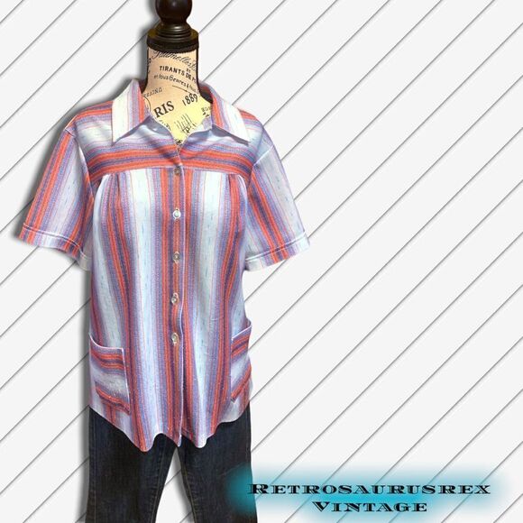 vintage 1970’s Polyester Mod Striped Plus Size Tent Blouse, 2X - Picture 6 of 8